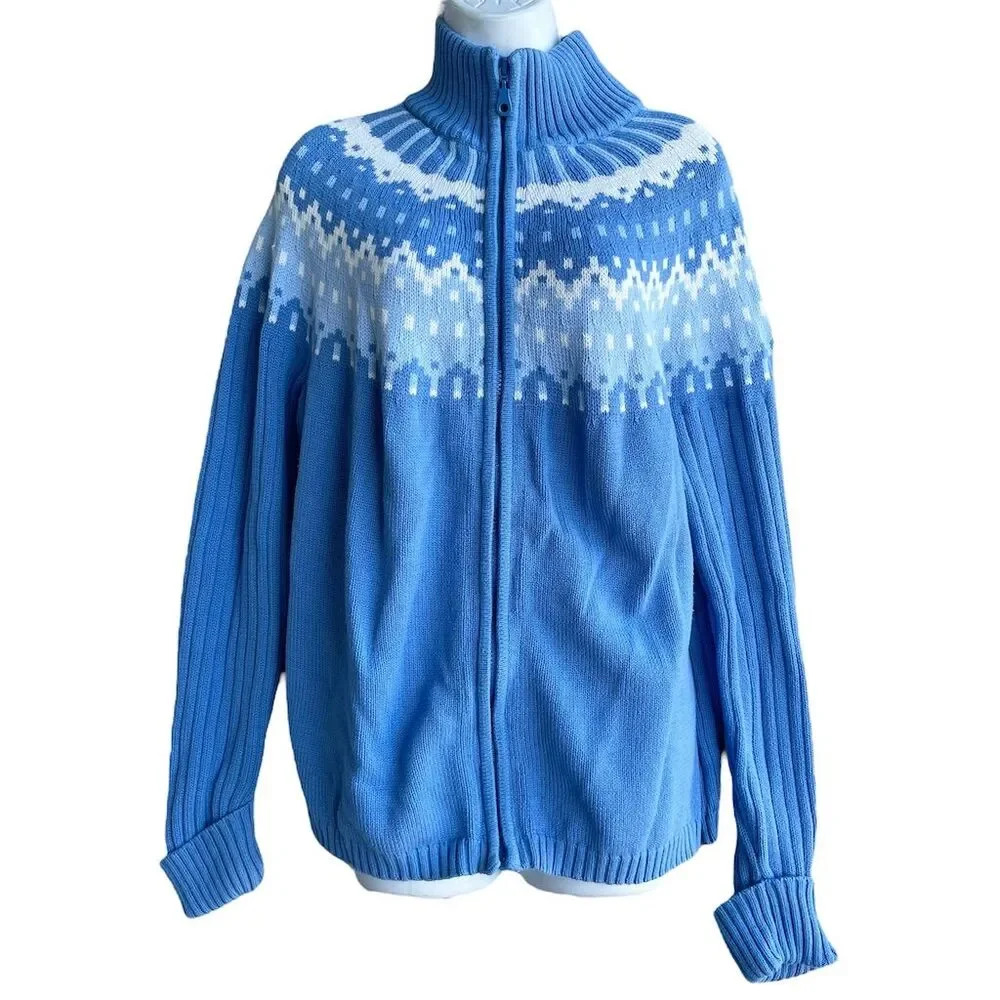 Covington Fair Isle Cardigan Sweater Women's Plus Size 20/22W Blue White